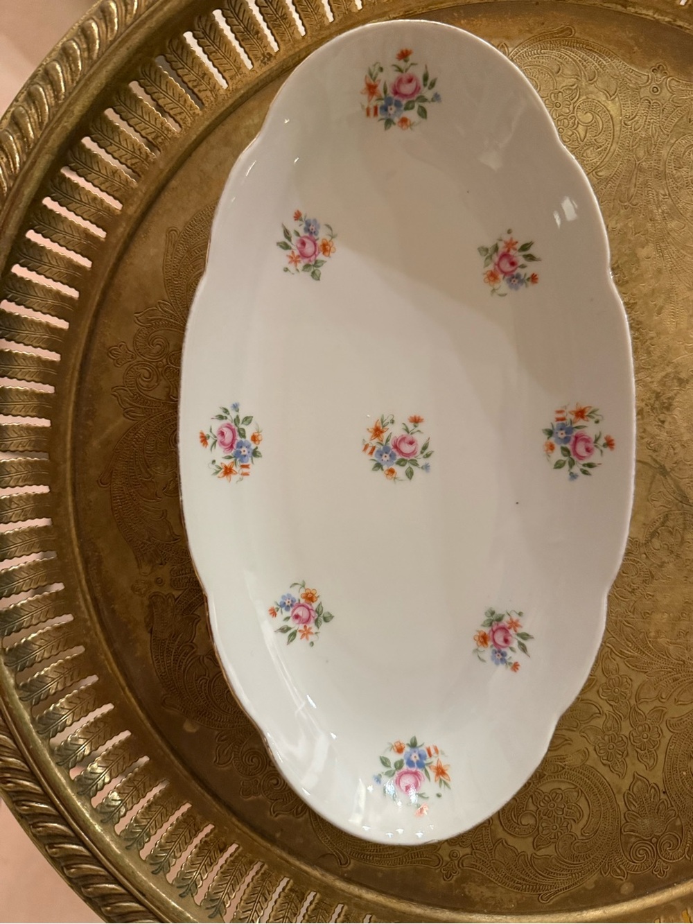 White Porcelain Floral Serving Platter with Pink Rose Motif